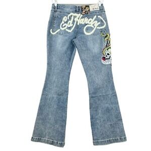 NWT ED HARDY Women's New York City Blue Denim Jeans Size 32 Eagle Slim Flare Leg